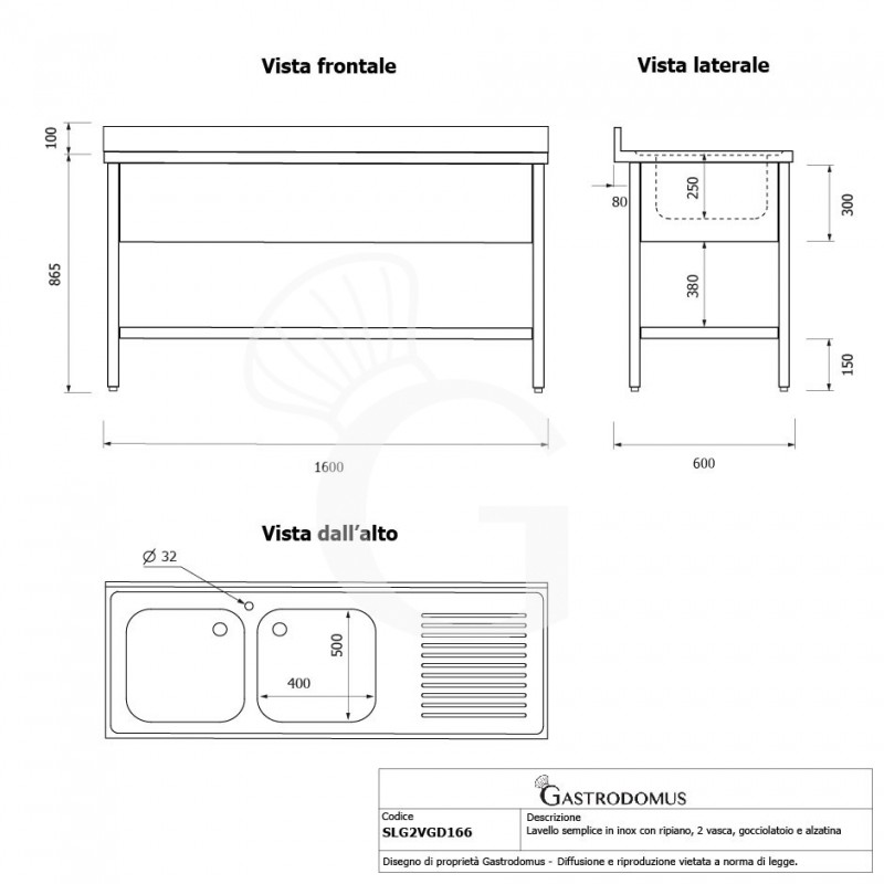 Fregadero inox con 2 cubetas y escurridor a la derecha, estante, peto L1600mmxP600mmxA965 mm- con agujero para el grifo Ø 32 mm