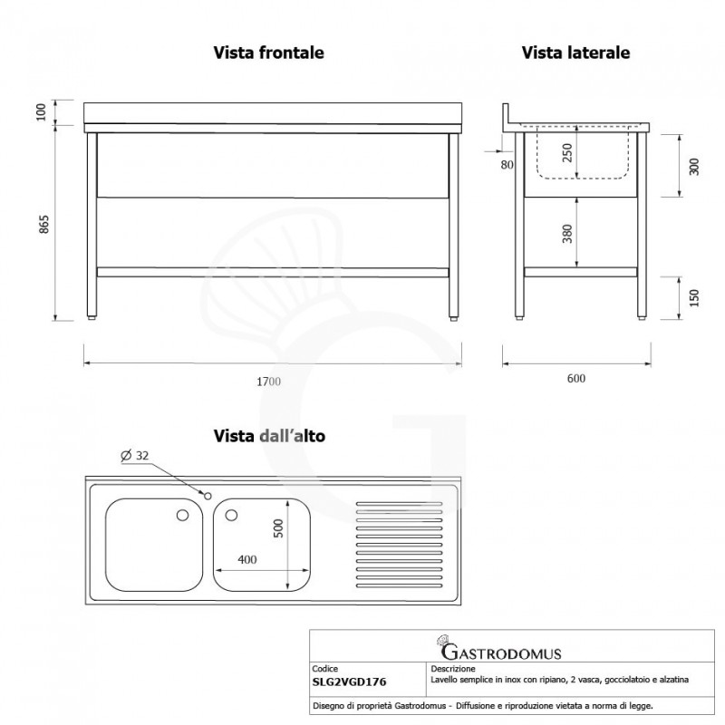 Fregadero inox 1 estante, peto, 2 cubas, escurridor a la derecha L1700mmxP600mmxA965mm-agujero para el grifo Ø 32 mm