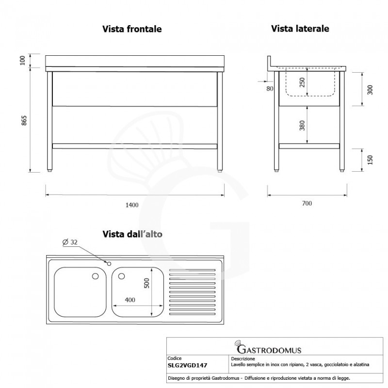 Fregadero inox 1 estante, peto trasero, 2 cubas, escurridor a la derecha, L1400mmxP700mmxA965mm-agujero para el grifo Ø 32 mm