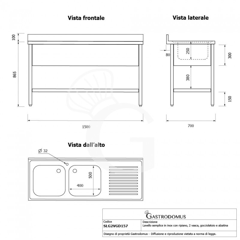 Fregadero inox 1 estante, peto, 2 cubas, escurridor a la derecha L1500mmxP700mmxA965mm-agujero para el grifo Ø 32 mm