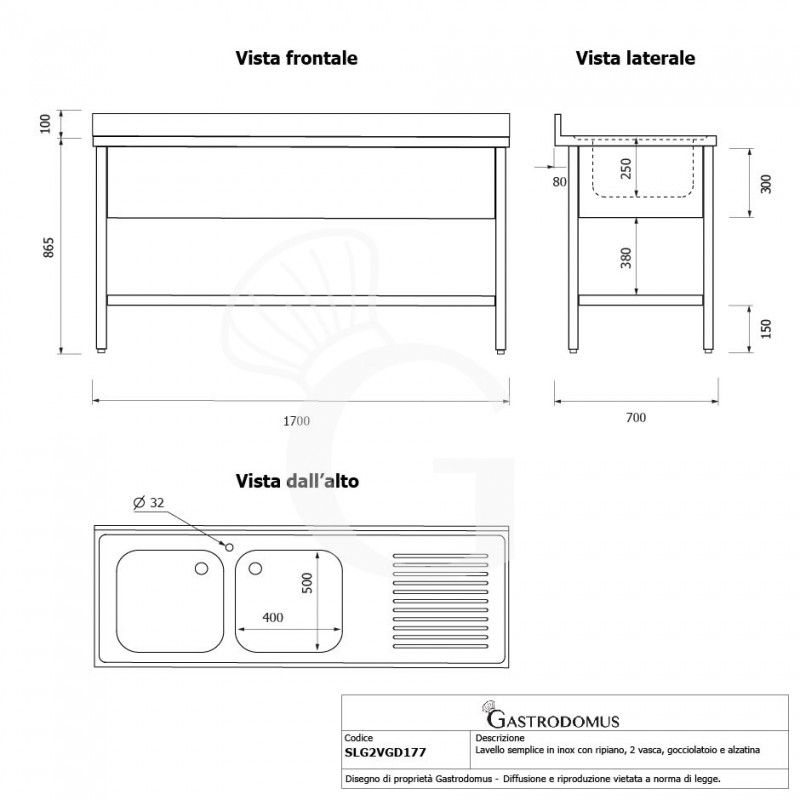 Fregadero inox 1 estante, peto, 2 cubas, escurridor a la derecha L1700mmxP700mmxA965mm-agujero para el grifo Ø 32 mm