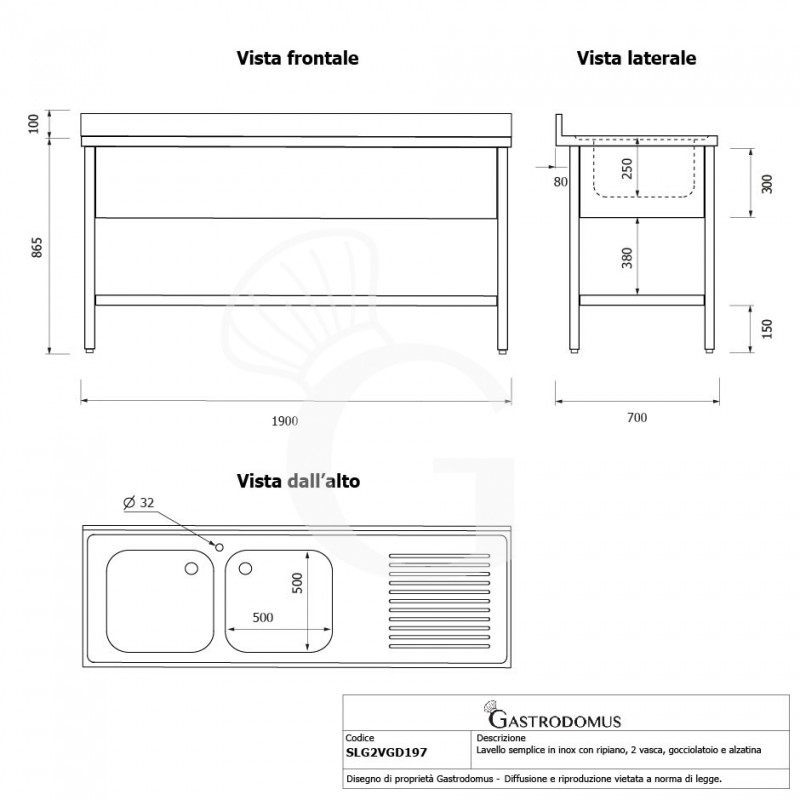 Fregadero inox 1 estante, peto trasero, 2 cubas, escurridor a la derecha, L1900mmxP700mmxA965mm-agujero para el grifo Ø 32 mm