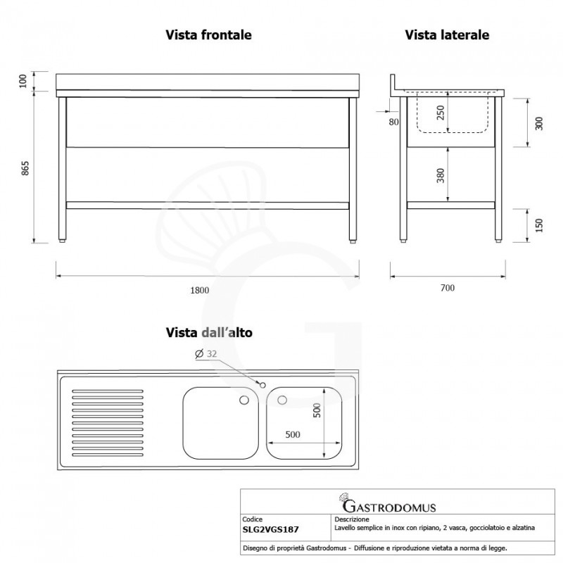Fregadero inox con 2 cubetas y escurridor a la izquierda, estante, peto L1800mmxP700mmxA965mm- con agujero para el grifo Ø 32 mm