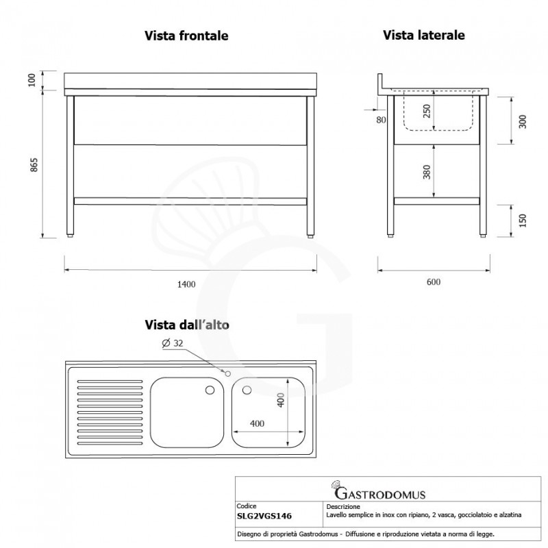 Fregadero inox 2 cubetas y escurridor a la izquierda, estante, peto L1400mmxP600mm xA965mm- con agujero para el grifo Ø 32 mm