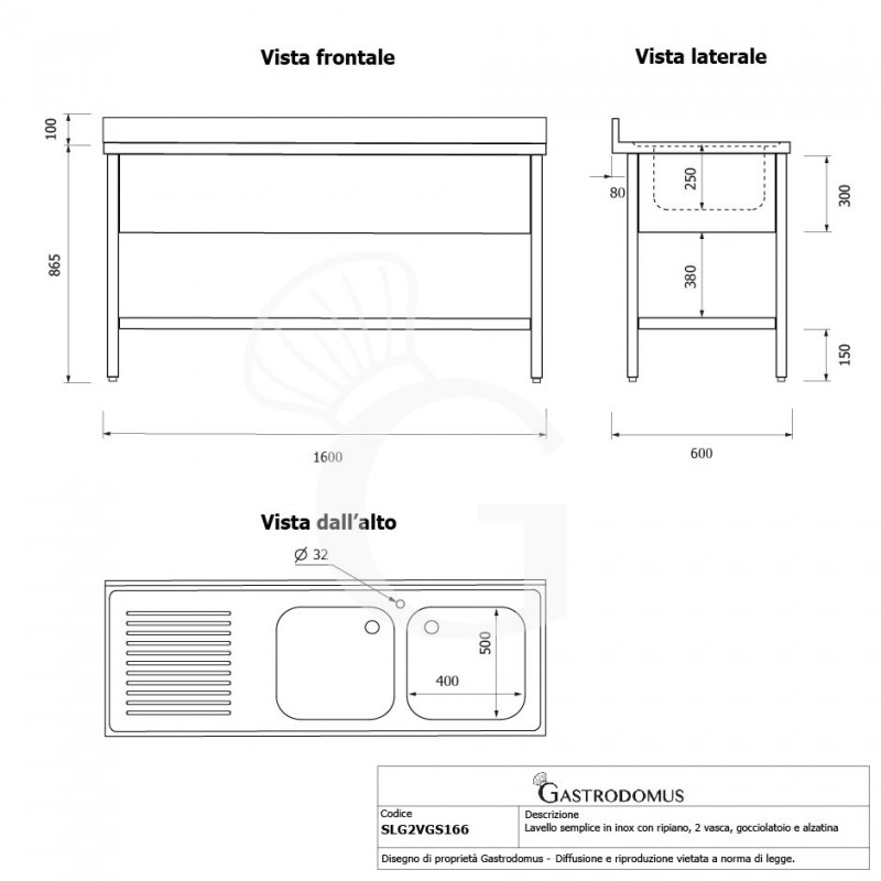 Fregadero inox 2 cubetas y escurridor a la izquierda, estante, peto L1600mmxP600mmxA965mm- con agujero para el grifo Ø 32 mm