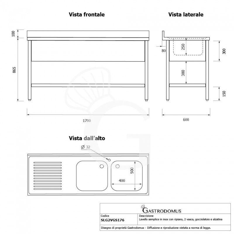 Fregadero inox 1 estante, peto trasero, 2 cubas, escurridor a la izquierda, L1700mmxP600mmxA965mm-agujero para el grifo Ø 32 mm