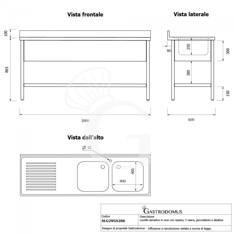 Fregadero inox 1 estante, peto, 2 cubas, escurridor a la izquierda L2000mmxP600mmxA965mm-agujero para el grifo Ø 32 mm