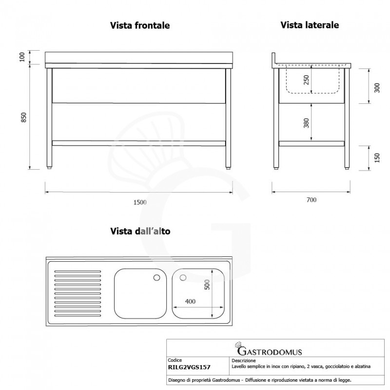 Fregadero inox con 2 cubetas y escurridor a la izquierda, estante y peto L 1500 mm x P 700 mm x A 950 mm