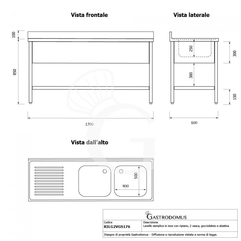 Fregadero inox con 2 cubetas y escurridor a la izquierda, estante y peto L 1700 mm x P 600 mm x A 950 mm