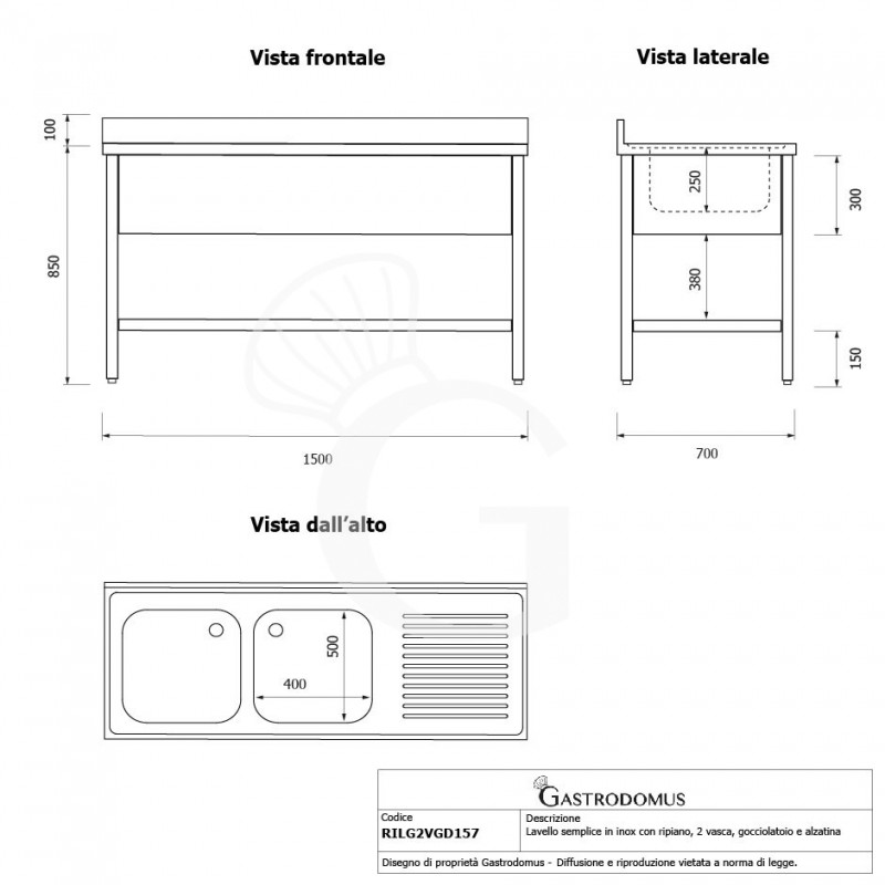 Fregadero inox con 2 cubetas y escurridor a la derecha, estante y peto L 1500 mm x P 700 mm x A 950 mm