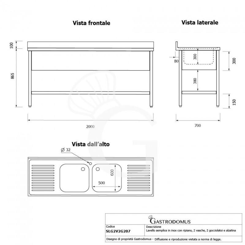 Fregadero inox con 2 cubetas y 2 escurridores, estante, peto L2000mmxP700mmxA965mm- con agujero para el grifo Ø 32 mm