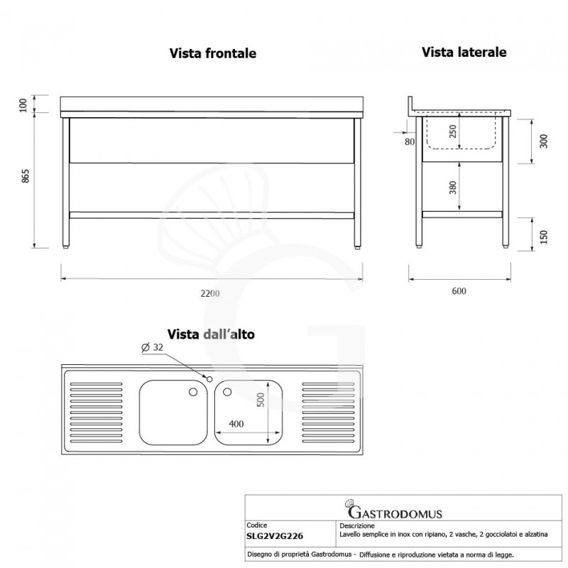 Fregadero inox 1 estante, peto, 2 cubas, 2 escurridores L2200mmxP600mmxA965mm-agujero para el grifo Ø 32 mm