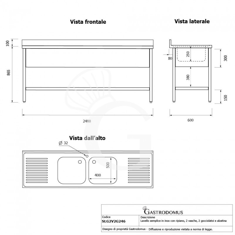 Fregadero inox 1 estante, peto, 2 cubas, 2 escurridores L2400mmxP600mmxA965mm-agujero para el grifo Ø 32 mm