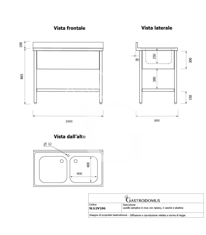 Fregadero de acero inoxidable con 1 estante, peto, 2 cubetas L 1000 mm x P 600 mm x A 965 mm -con agujero para el grifo Ø 32 mm