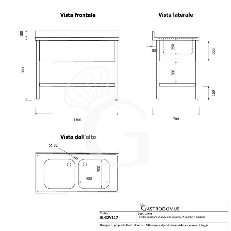 Fregadero inox 1 estante, peto trasero, 2 cubas, L1100mmxP700mmxA965mm-agujero para el grifo Ø 32 mm