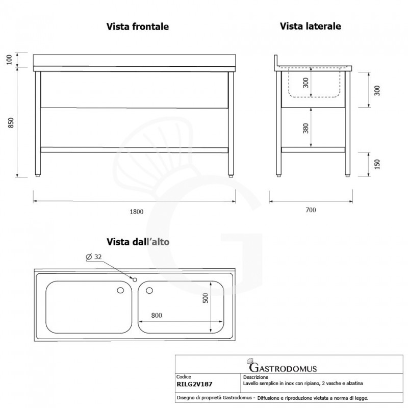 Fregadero de acero inoxidable con 1 estante, peto, 2 cubas L 1800 mm x P 700 mm x A 950 mm