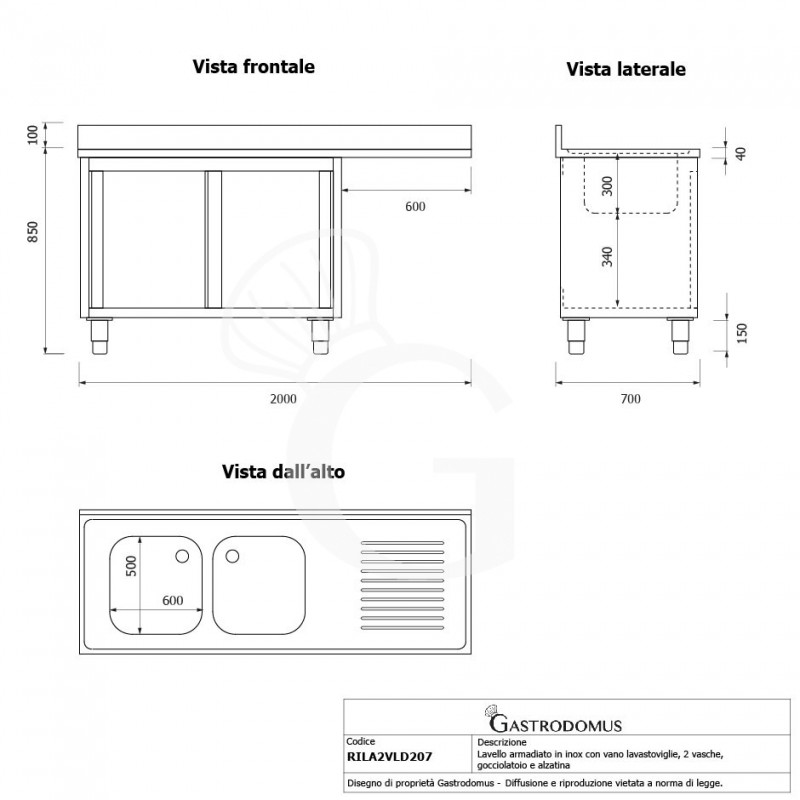 Fregadero con mueble y hueco para lavavajillas, 2 cubetas, escurridor a la derecha L 2000 mm x P 700 mm x A 950 mm