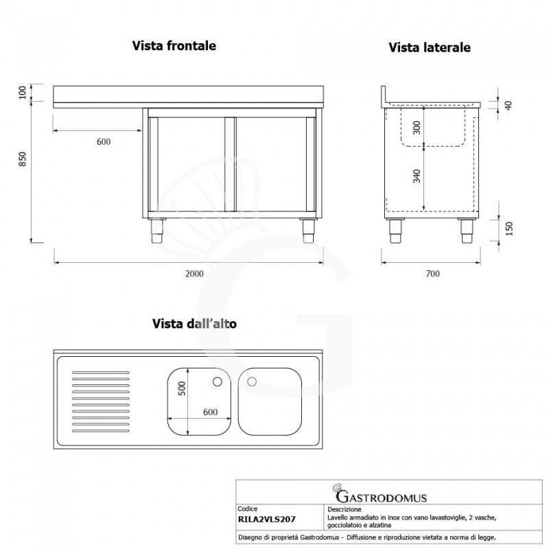 Fregadero con mueble y hueco para lavavajillas, 2 cubetas, escurridor a la izquierda L 2000 mm x P 700 mm x A 950 mm