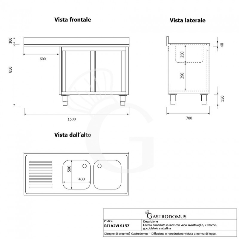 Fregadero con mueble y hueco para lavavajillas, 2 cubetas, escurridor a la izquierda L 1500 mm x P 700 mm x A 950 mm