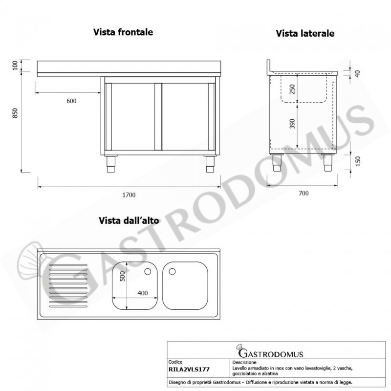 Fregadero con mueble y hueco para lavavajillas, 2 cubetas, escurridor a la izquierda L 1700 mm x P 700 mm x A 950 mm