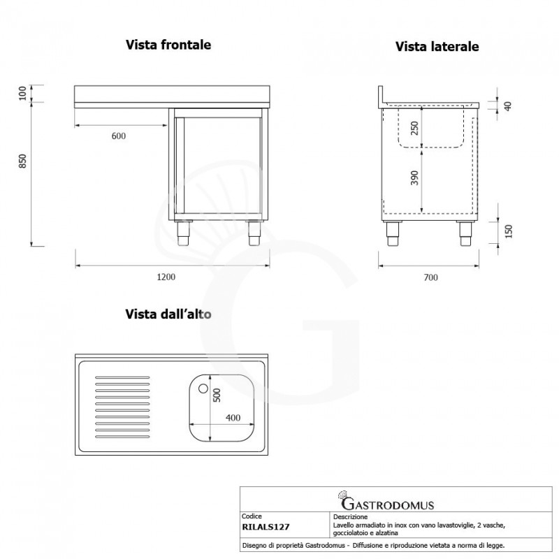 Fregadero con mueble y hueco para lavavajillas, 1 cubeta, escurridor a la izquierda L 1200 mm x P 700 mm x A 950 mm