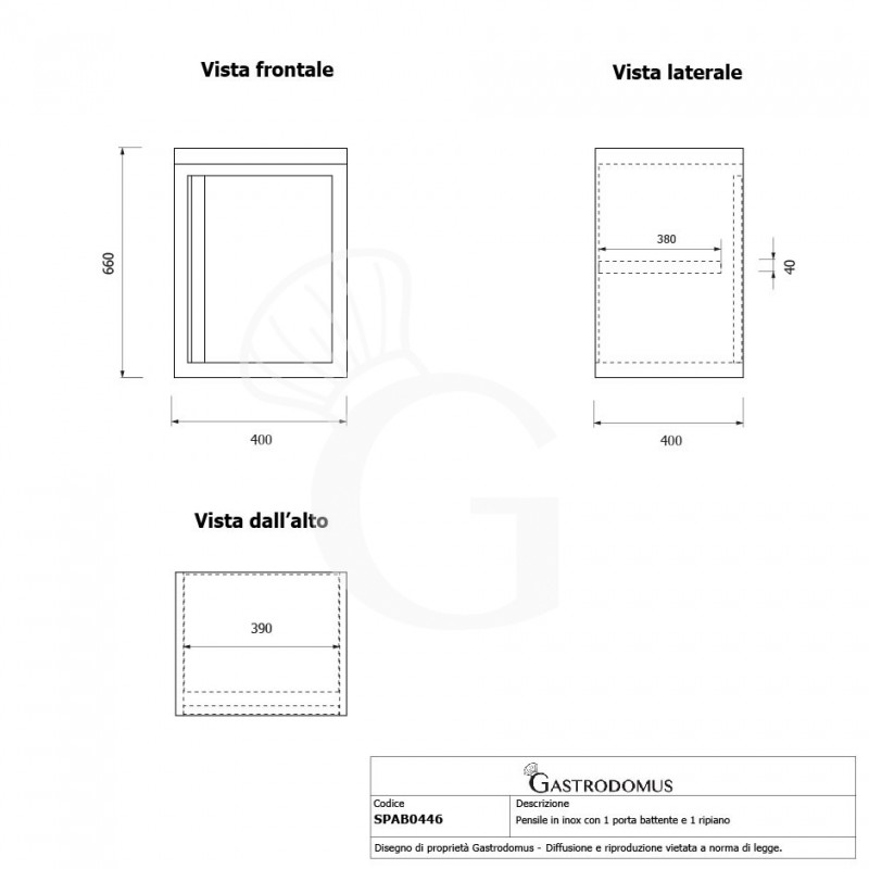 Armario de pared de acero inoxidable con 1 puerta batiente y 1 estante, L 400 mm x P 400 mm x A 660 mm