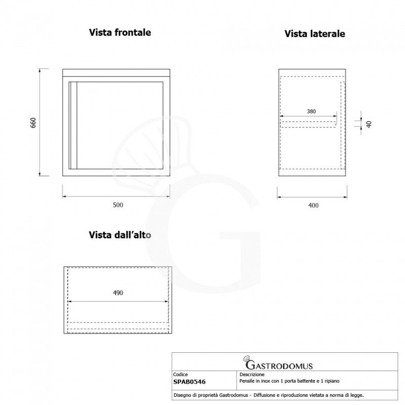 Armario de pared de acero inoxidable con 1 puerta batiente y 1 estante, L 500 mm x P 400 mm x A 660 mm