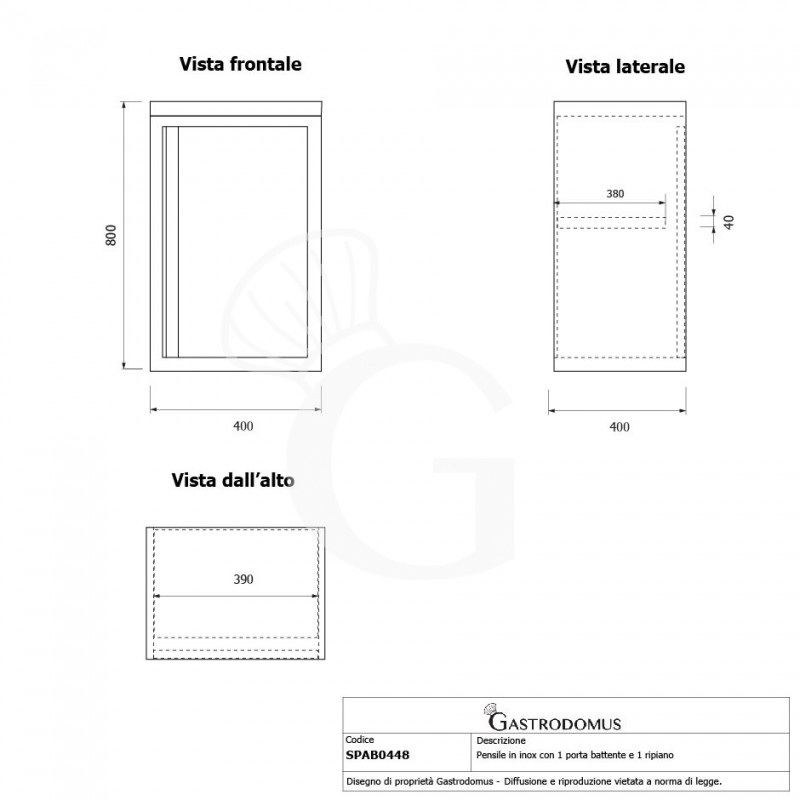 Armario de pared de acero inoxidable con 1 puerta batiente y 1 estante, L 400 mm x P 400 mm x A 800 mm