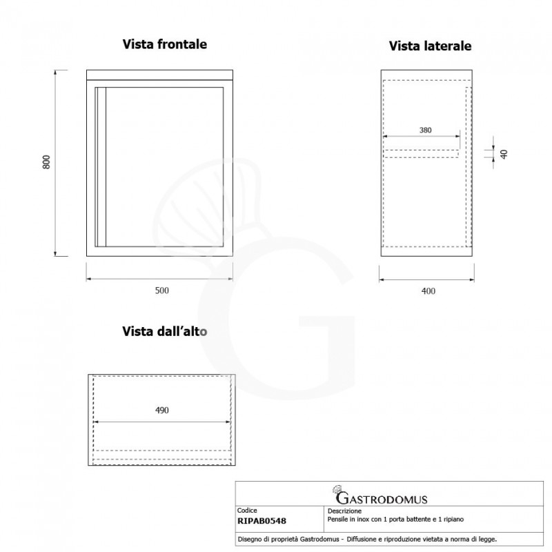 Armario de pared de acero inoxidable con 1 puerta batiente y 1 estante, L 500 mm x P 400 mm x A 800 mm