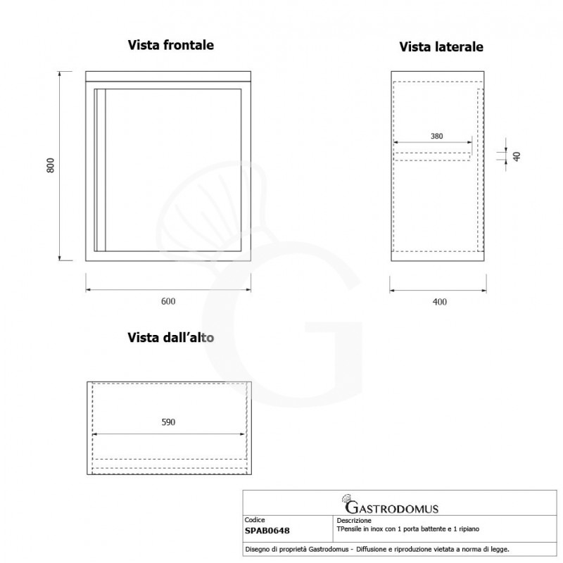 Armario de pared de acero inoxidable con 1 puerta batiente y 2 estantes, L 600 mm x P 400 mm x A 800 mm