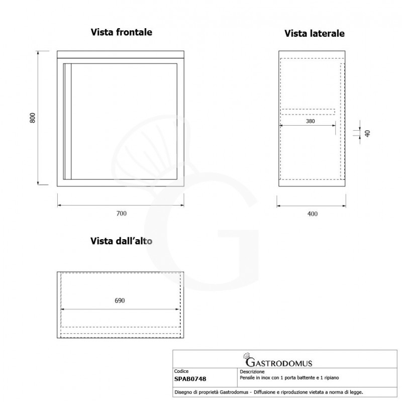 Armario de pared de acero inoxidable con 1 puerta batiente y 2 estante, L 700 mm x P 400 mm x A 800 mm