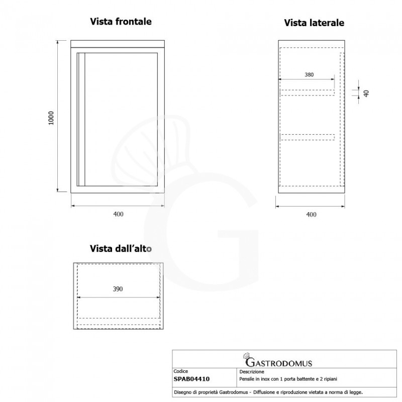 Armario de pared de acero inoxidable 1 puerta batiente y 2 estantes, L 400 mm x P 400 mm x A 1000 mm