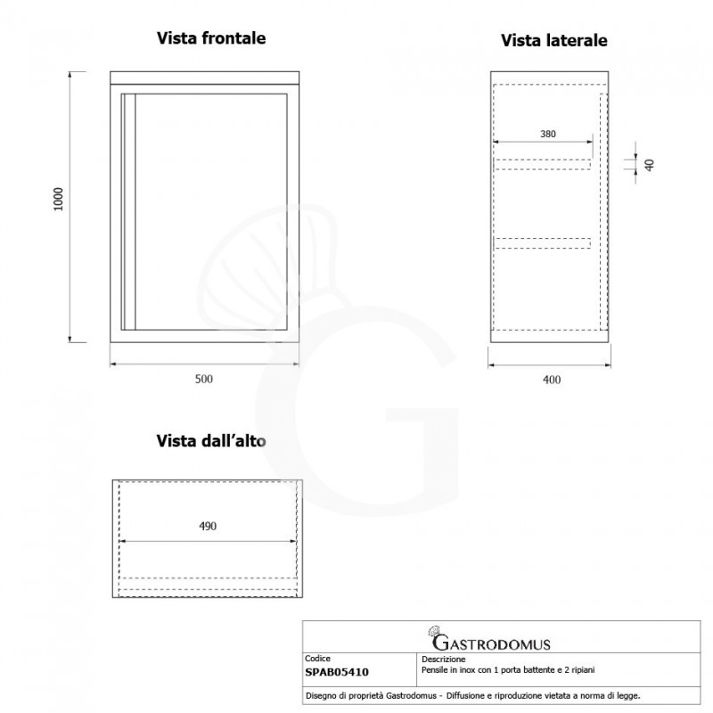 Armario de pared de acero inoxidable con 1 puerta batiente y 2 estantes, L 500 mm x P 400 mm x A 1000 mm