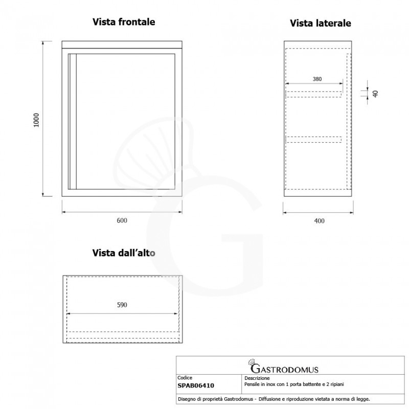 Armario de pared de acero inoxidable con 1 puerta batiente y 2 estantes, L 600 mm x P 400 mm x A 1000 mm