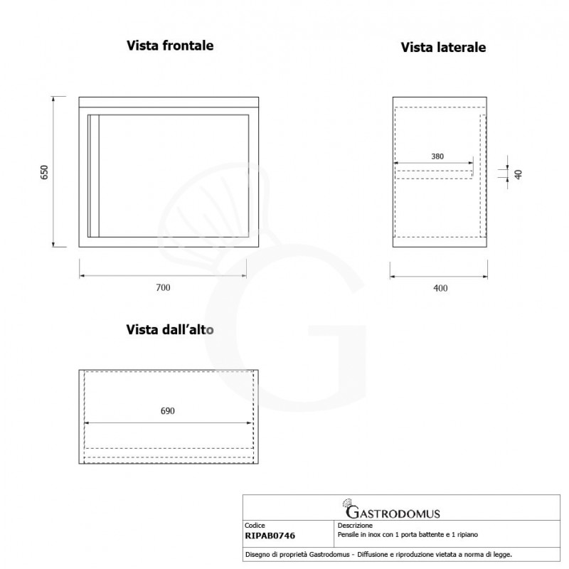 Armario de pared de acero inoxidable con 1 puerta batiente y 1 estante, L 700 mm x P 400 mm x A 660 mm