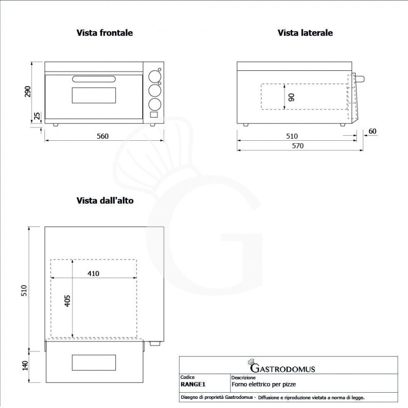 Horno pequeño eléctrico 1 pizza diámetro 320 mm 1 cámara control mecánico temperatura 350°C potencia 2 Kw