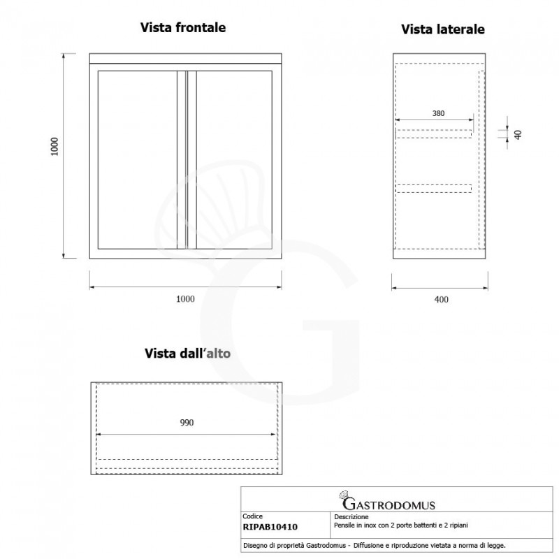 Armario de pared de acero inoxidable 2 puertas batientes y 2 estantes, L 1000 mm x P 400 mm x A 1000 mm