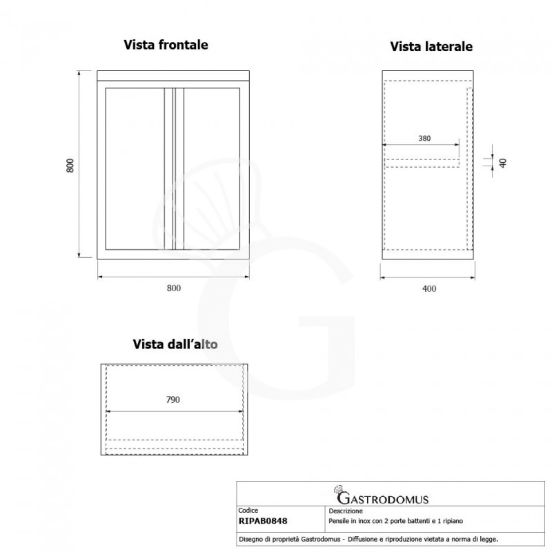Armario de pared de acero inoxidable con 2 puertas batientes y 1 estante, L 800 mm x P 400 mm x A 800 mm