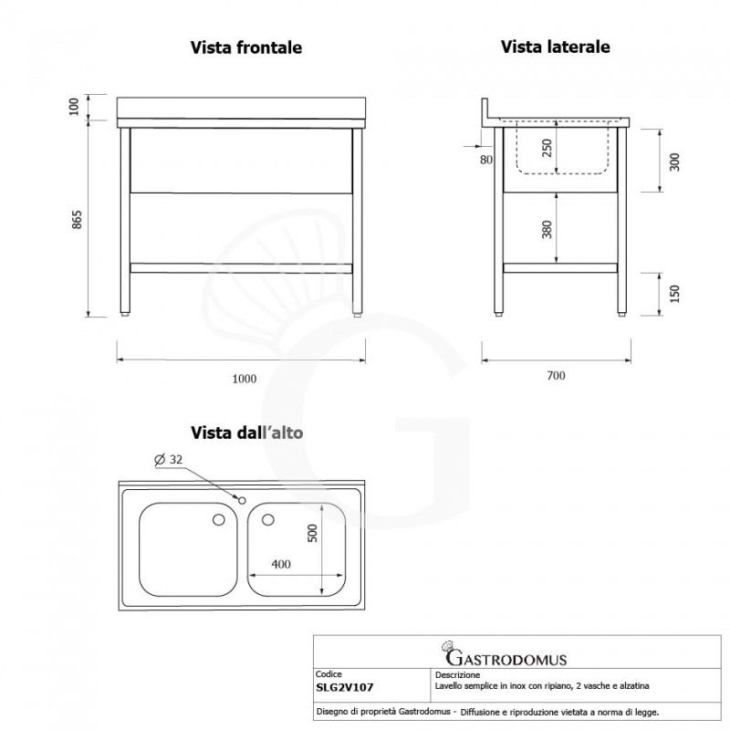 Fregadero inox con 2 cubetas, estante, peto L 1000 mm x P 700 mm x A 965 mm- con agujero para el grifo Ø 32 mm