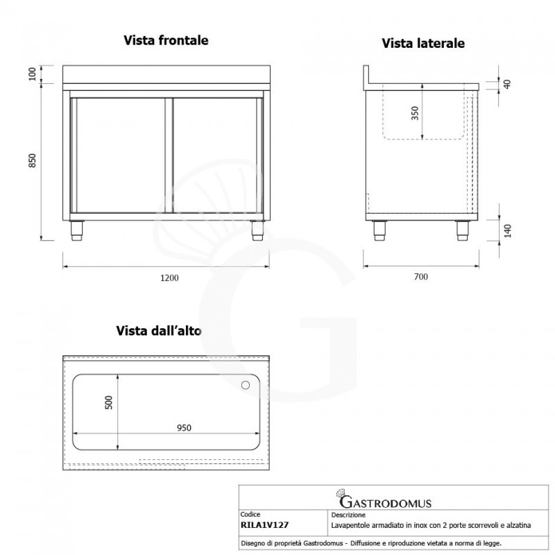 Fregadero para ollas con mueble inox 2 puertas correderas, peto, 1 cuba L 1200 mm x P 700 mm x A 950 mm