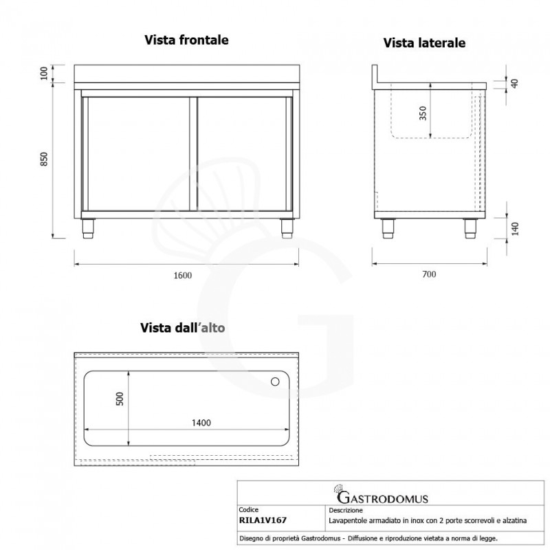 Fregadero para ollas con mueble inox 2 puertas correderas, peto, 1 cuba L 1600 mm x P 700 mm x A 950 mm