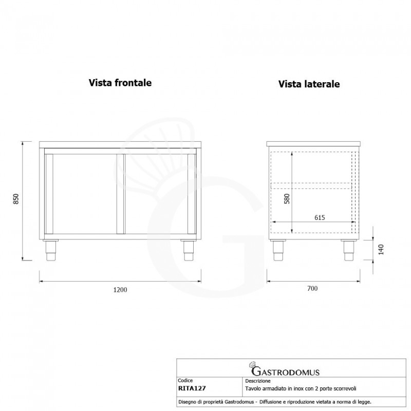 Mesa mural de acero inoxidable 2 puertas correderas L 1200 mm x P 700 mm x A 850 mm