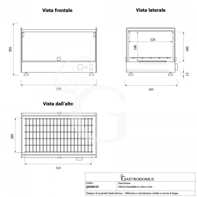 Vitrina caliente de vidrio y acero inoxidable +30°C/+90°C 35 LT L 555 mm x P 360 mm x A 305 mm