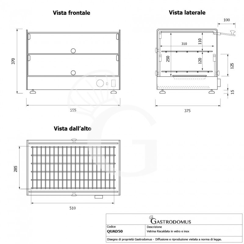 Vitrina caliente de vidrio y acero inoxidable +30°C/+90°C 50 LT L 555 mm x P 375 mm x A 370 mm