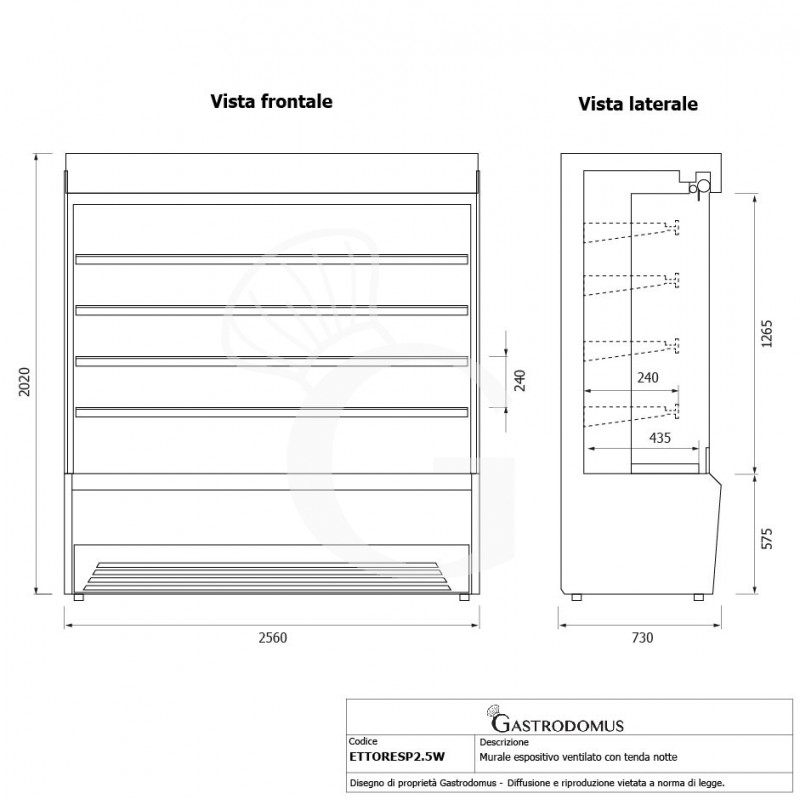 Vitrina Mural Refrigerada serie Ettore con cortina nocturna Temperatura +1°/+10°C L 2560 mm
