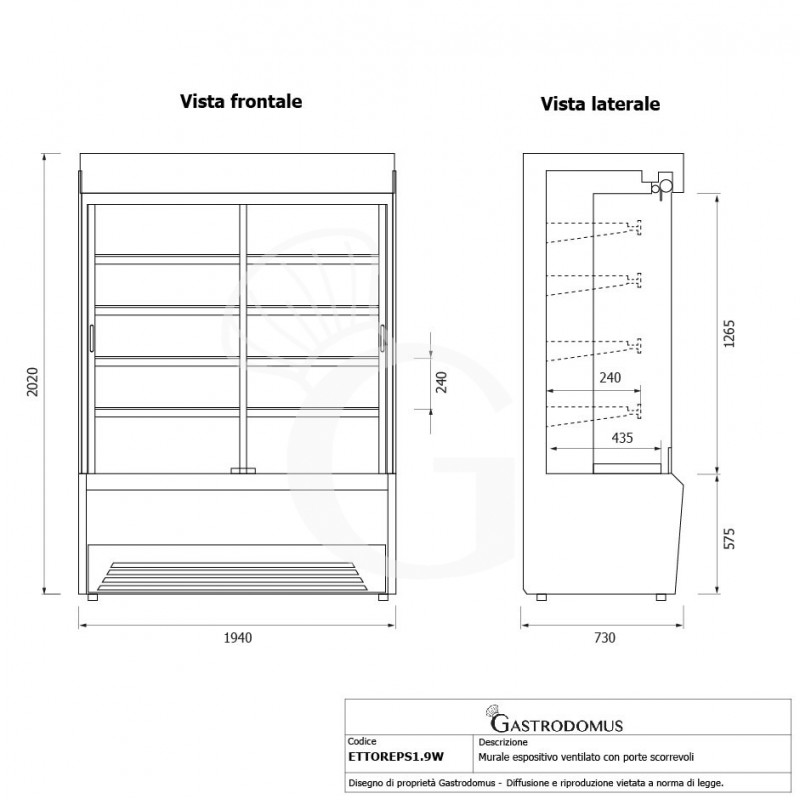 Vitrina Mural Refrigerada serie Ettore con puertas correderas Temperatura +1°/+10°C L 1940 mm