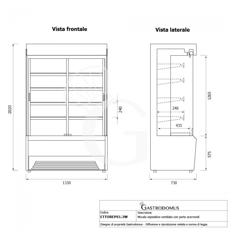 Vitrina Mural Refrigerada serie Ettore con puertas correderas Temperatura +1°/+10°C L 1330 mm