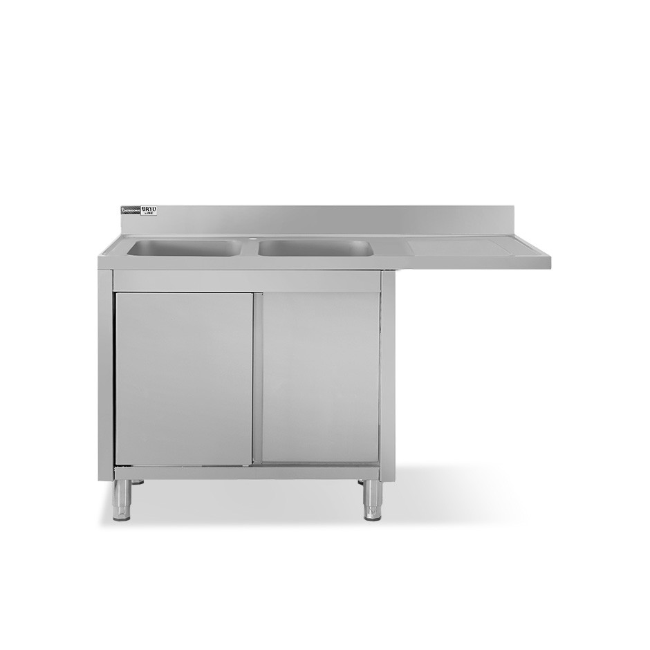 Fregadero con mueble y hueco para lavavajillas, 2 cubetas, escurridor a la derecha, 2 puertas correderas L1800mmxP700mmxA965mm