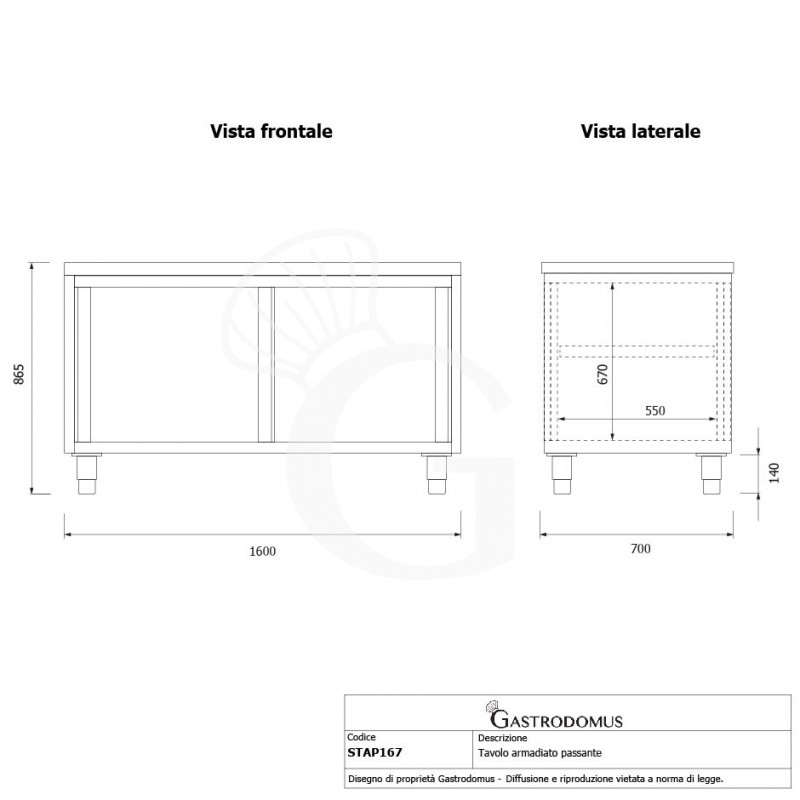 Mesa mural de acero inoxidable con puertas correderas dobles L 1600 mm x P 700 mm x A 850 mm