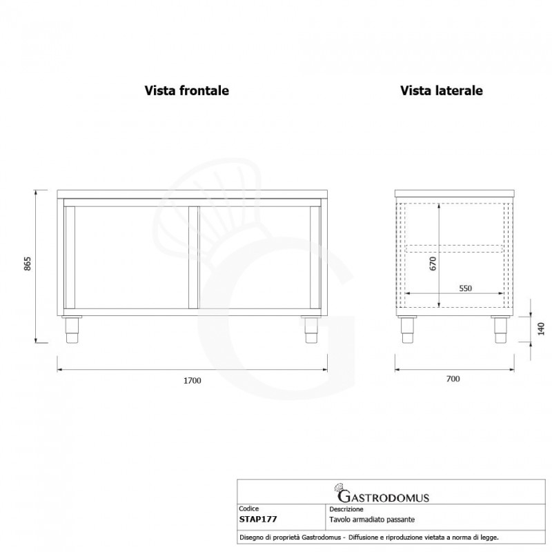 Mesa mural de acero inoxidable con puertas correderas dobles L 1700 mm x P 700 mm x A 850 mm